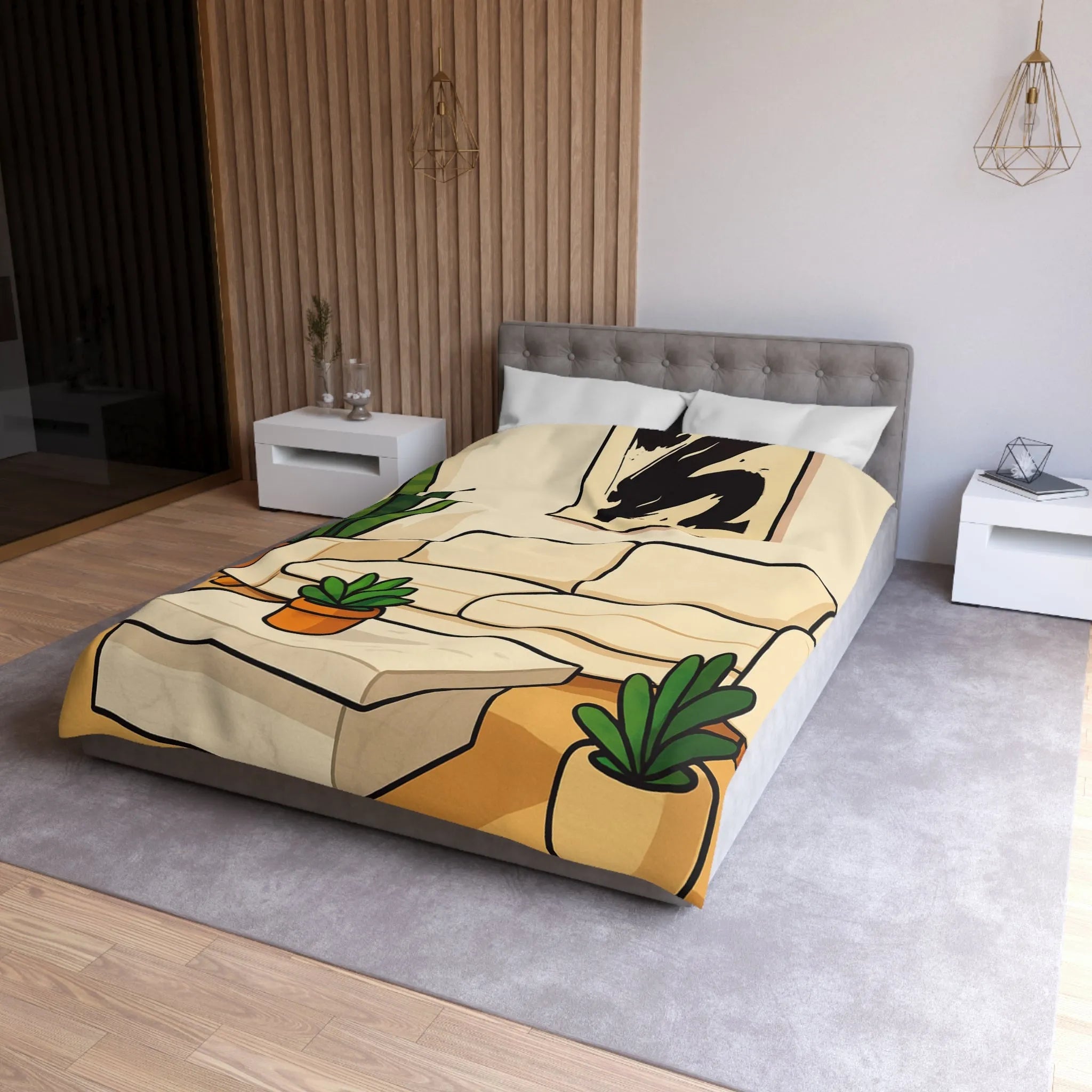 Housse de Couette Élégante avec Design Graphique Moderne et Plantes Vertes Décoratives