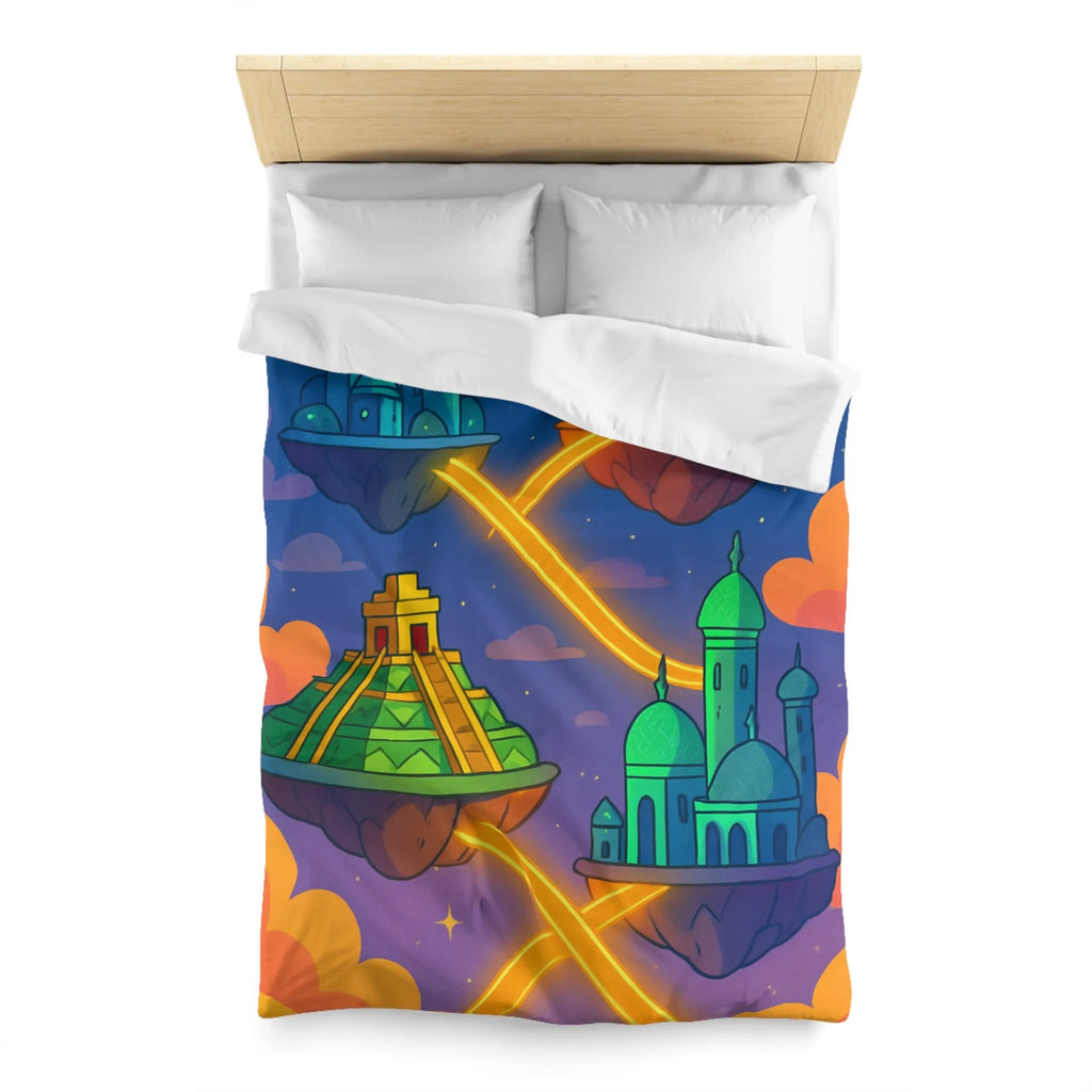 Housse de couette colorée avec design fantastique de villes flottantes lumineuses et oniriques