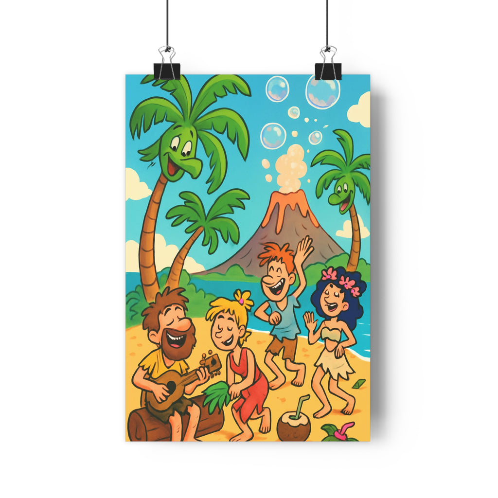 Poster décoratif cartoon joyeux tropical plage personnages dansant couleurs vives vert bleu chambre enfant