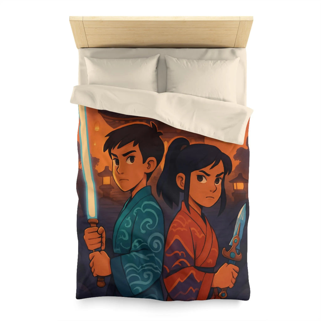 Housse de couette avec enfants guerriers, lanterne céleste, temple ancien, ambiance mystique
