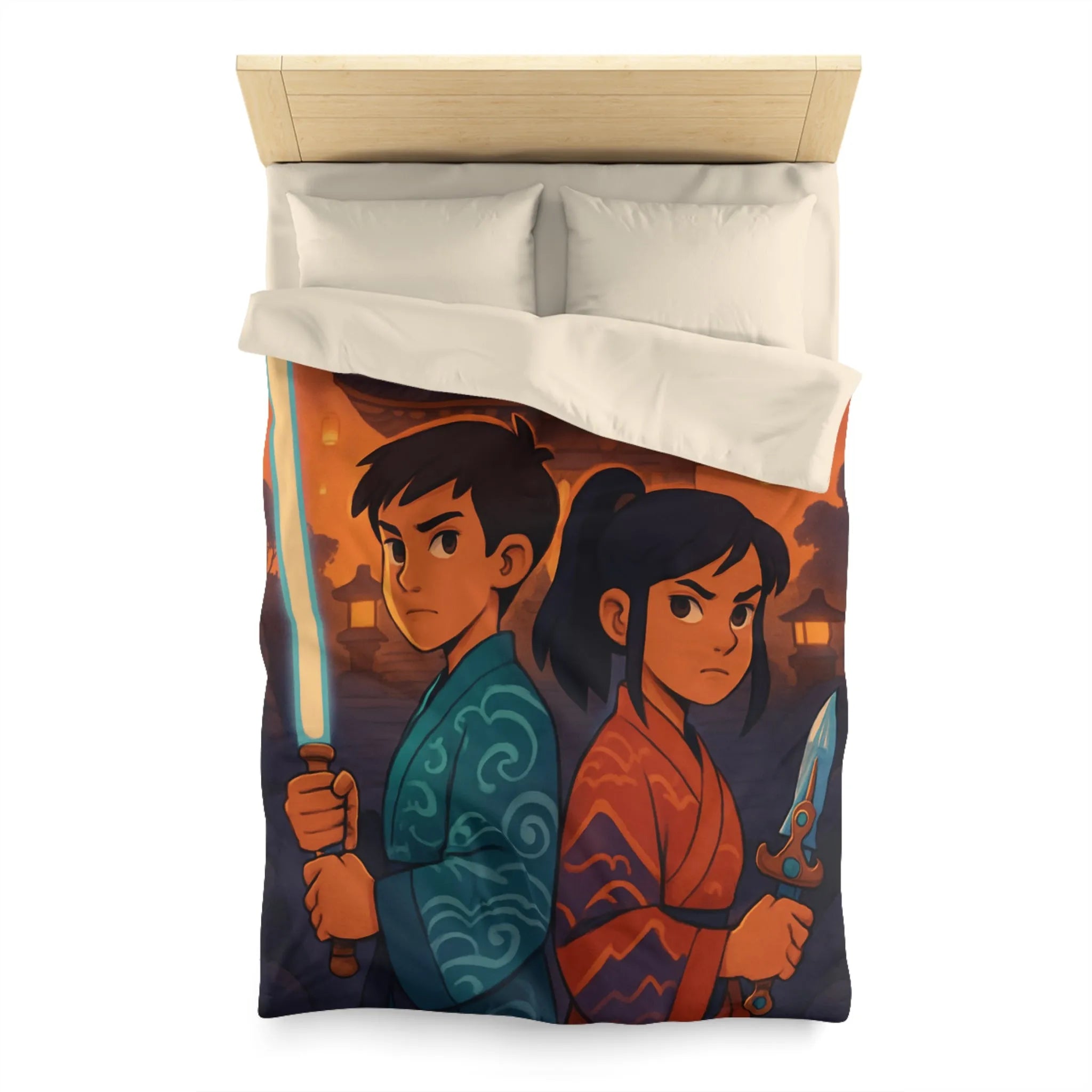 Housse de couette avec enfants guerriers, lanterne céleste, temple ancien, ambiance mystique