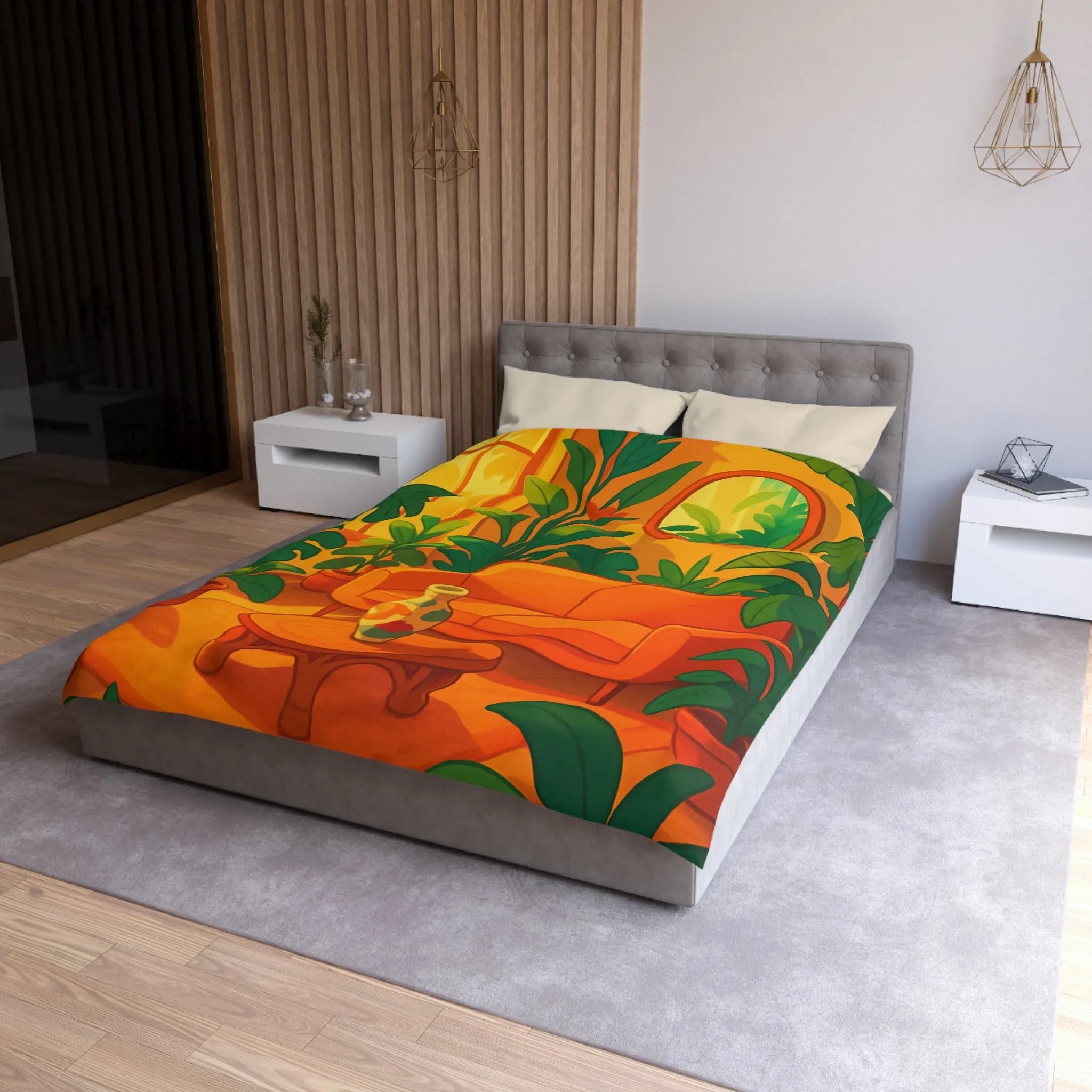 Housse de couette avec motif jungle moderne, ambiance chaleureuse et couleurs éclatantes