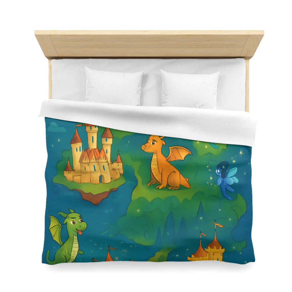 Housse de couette thématique féerique avec dragons, châteaux et un sorcier rêveur