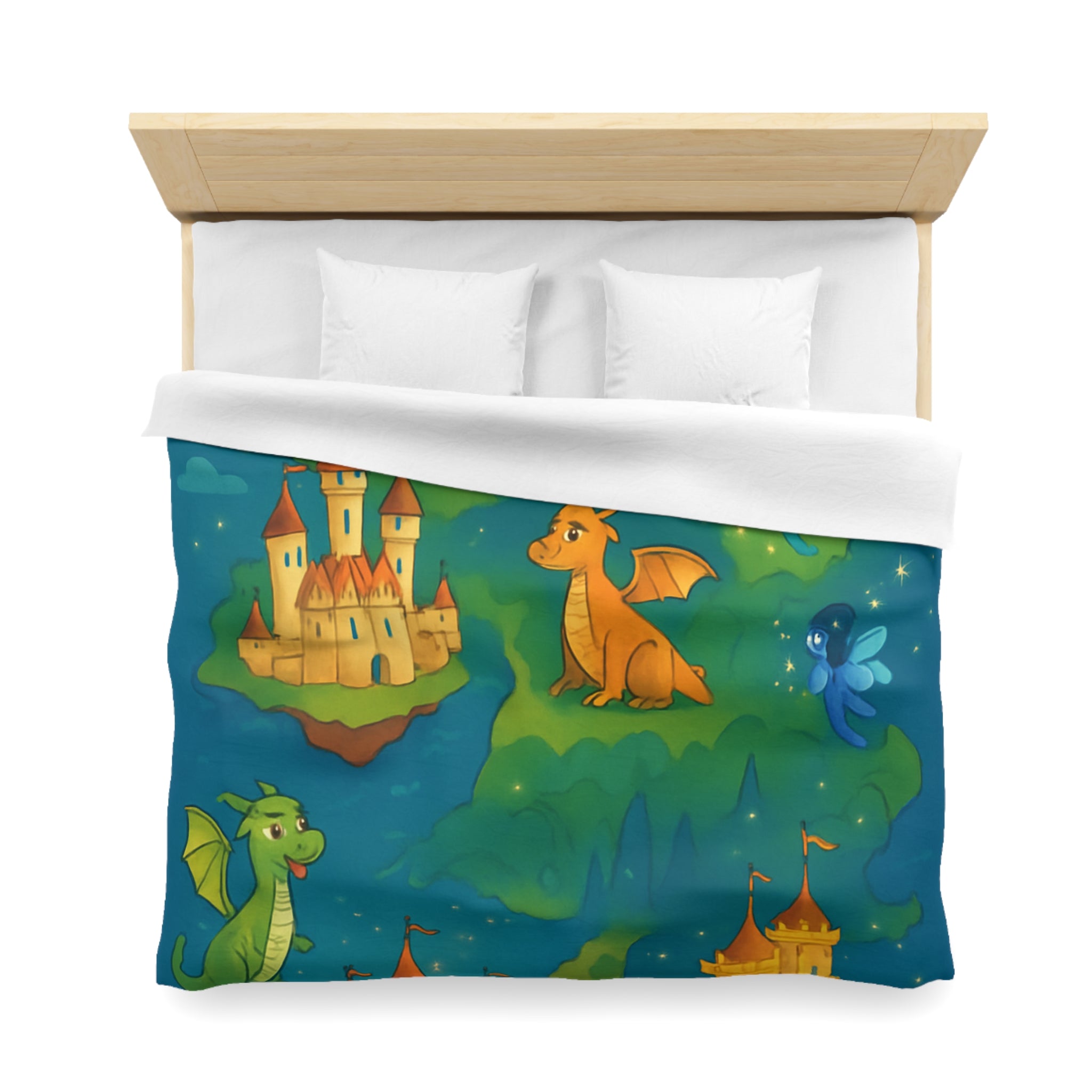 Housse de couette thématique féerique avec dragons, châteaux et un sorcier rêveur