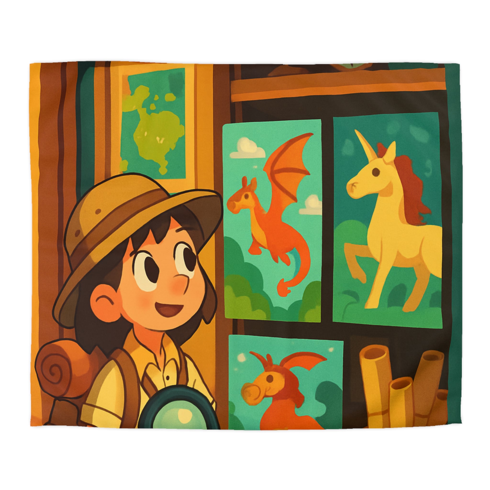 Housse de couette thème exploration avec dragon et licorne pour chambre enfant