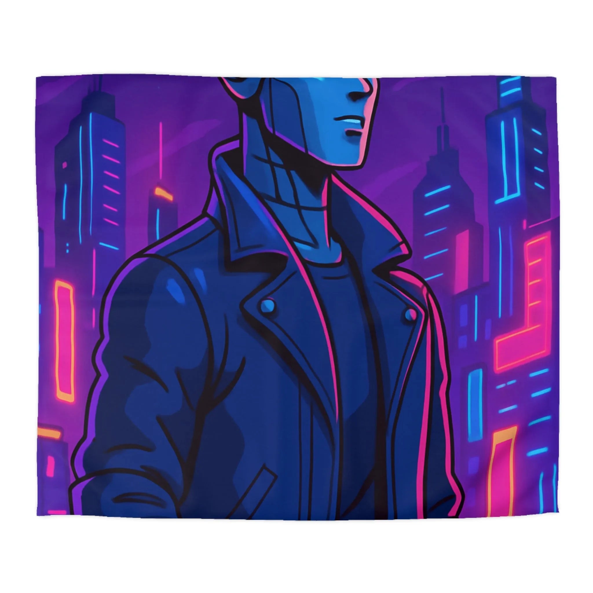 Housse de couette bleu nuit motif rétro-futuriste avec robot et gratte-ciel néon