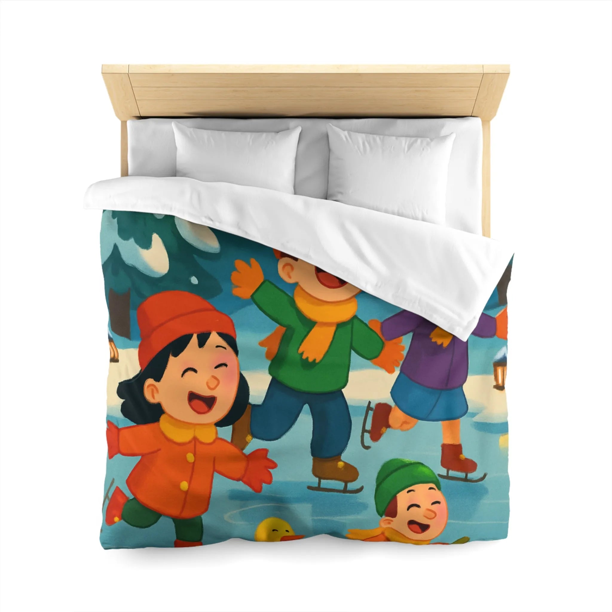 Housse de couette hiver joyeuse avec enfants et petits canards patinant sur glace