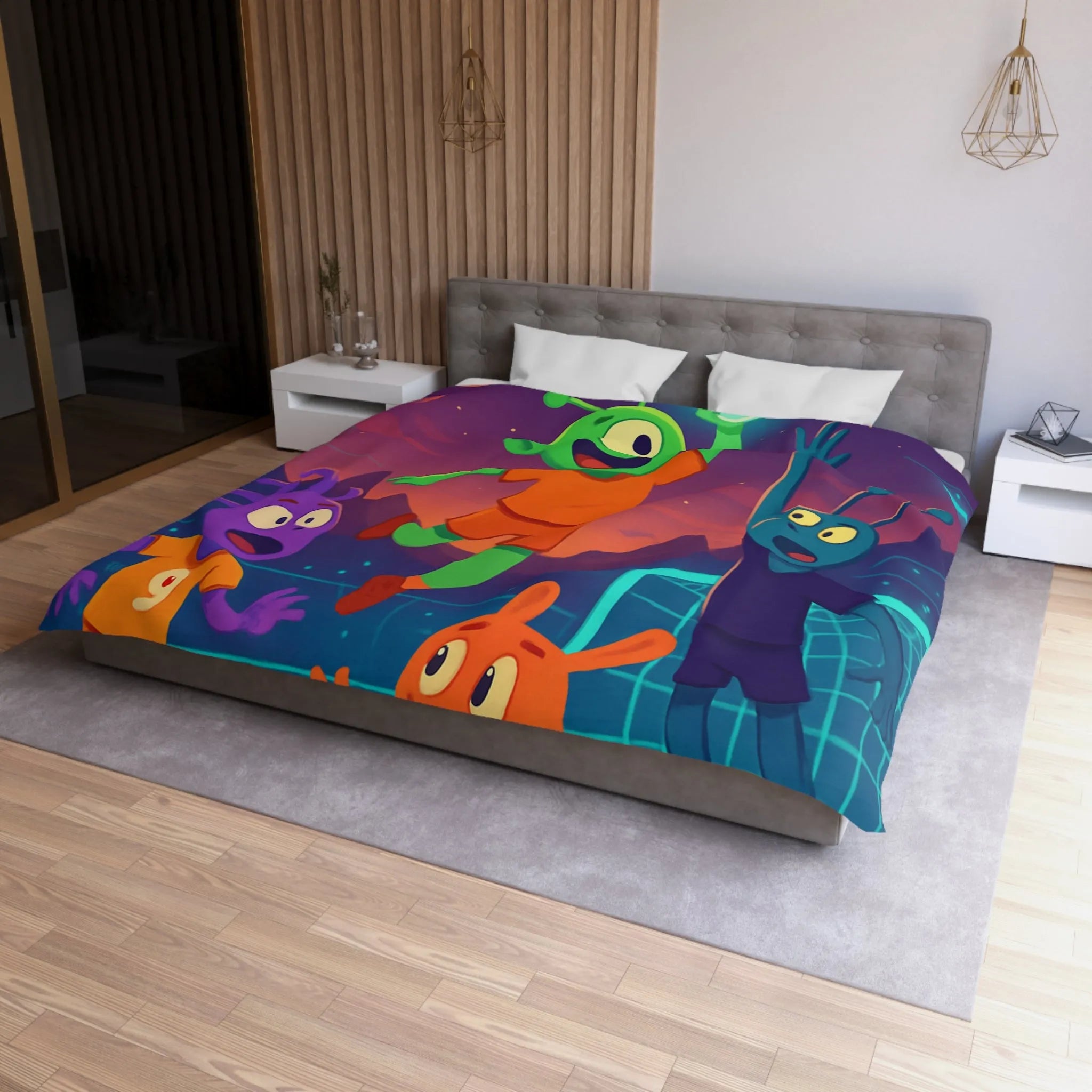 Housse de couette football spatial avec extraterrestres colorés jouant sous un ciel étoilé