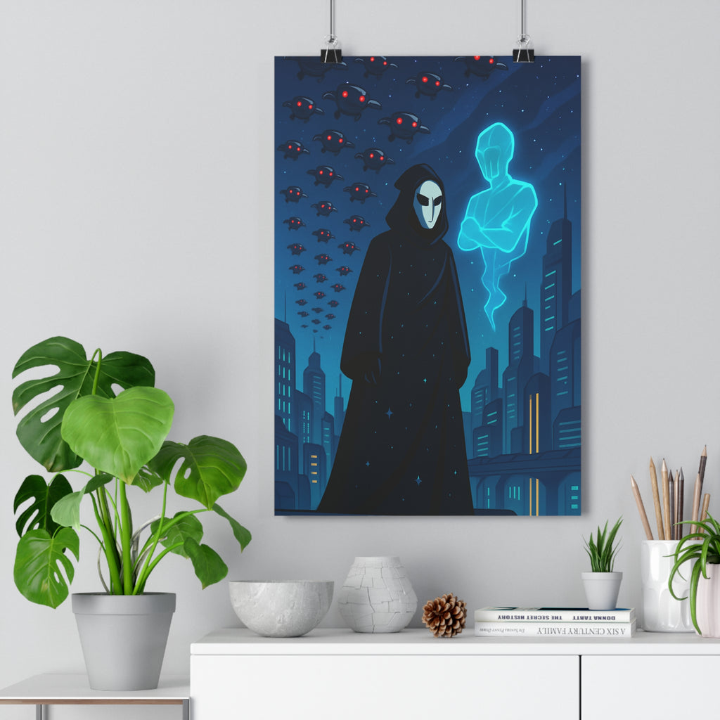 Poster décoratif moderne sombre mystérieux bleu noir chambre salon ville futuriste tendance qualité premium