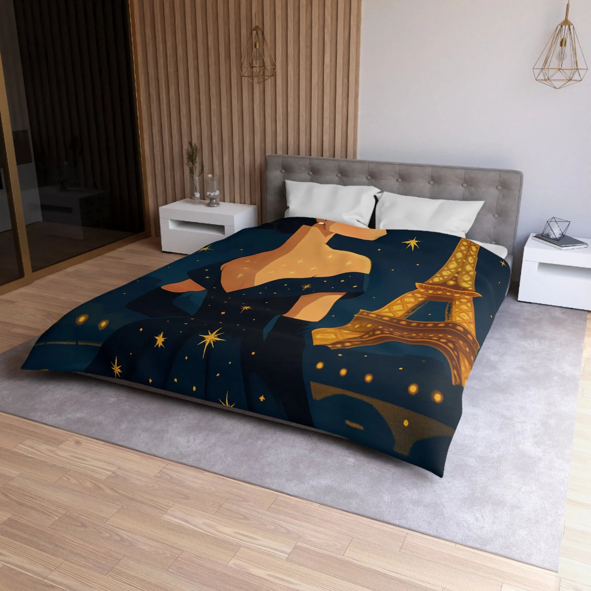 Élégante illustration nocturne femme en robe étoilée avec Tour Eiffel lumineuse