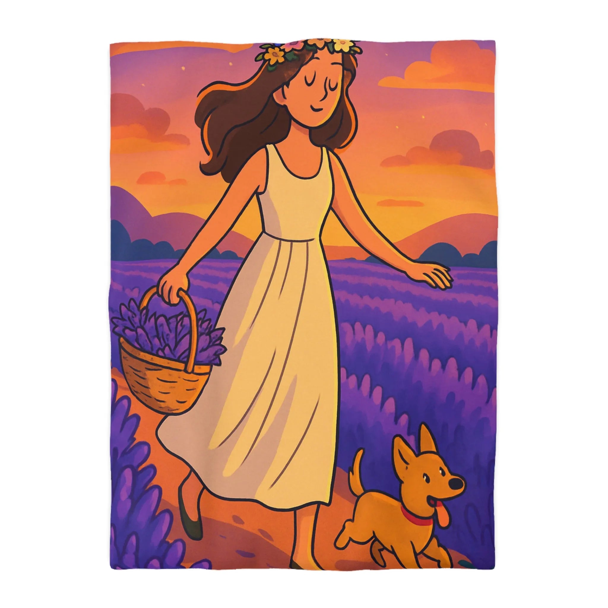 Housse de couette avec design fille et chien dans champ de lavande au coucher du soleil