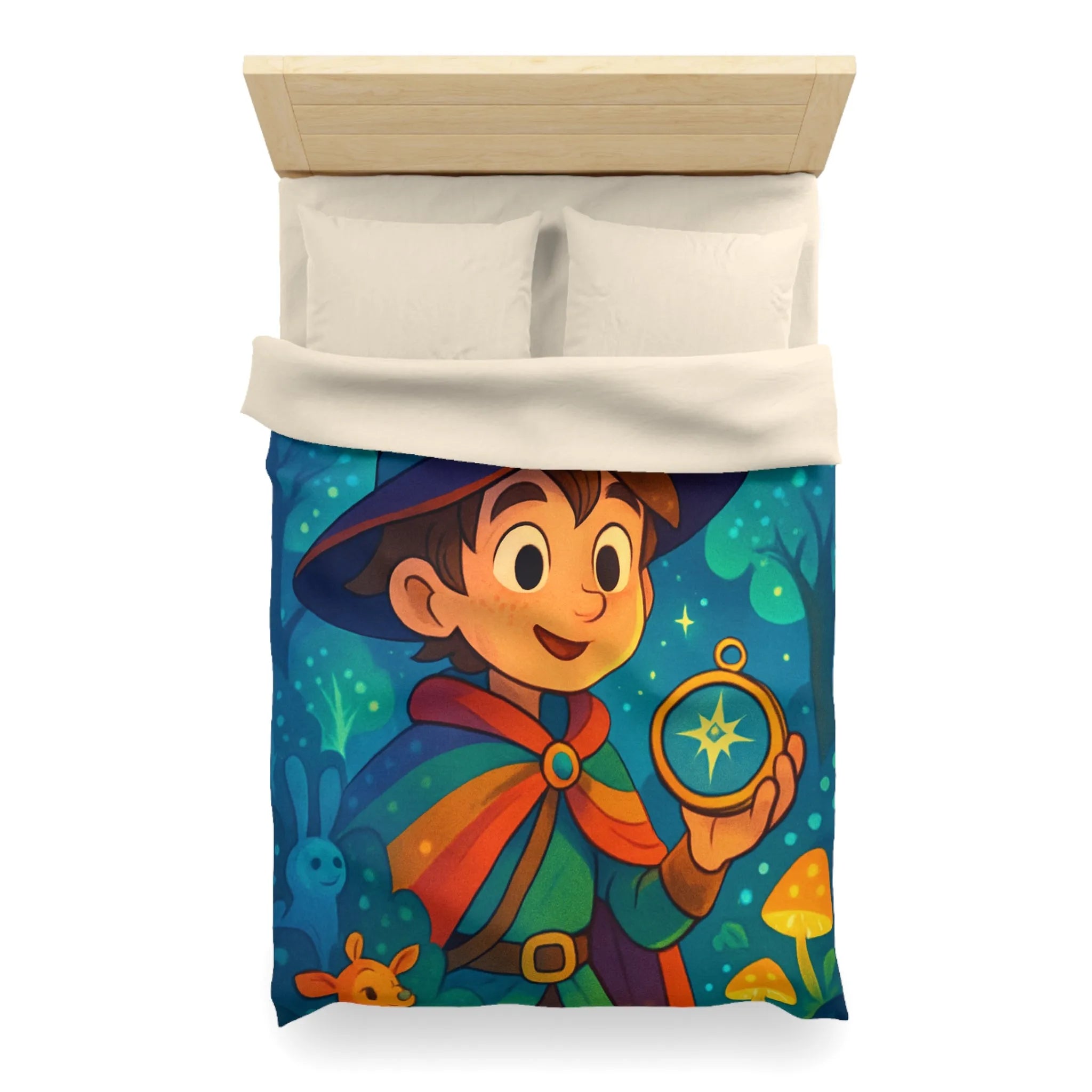 Housse de Couette Enfant Fantasy avec Sorcier et Dragon dans Forêt Enchantée Étoilée