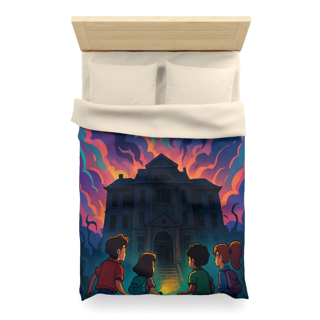 Housse de couette colorée avec maison hantée et nuages effrayants pour chambre inspirée