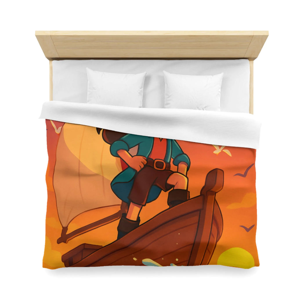 Housse de couette enfant motif pirate aventure en mer avec coucher de soleil vibrant