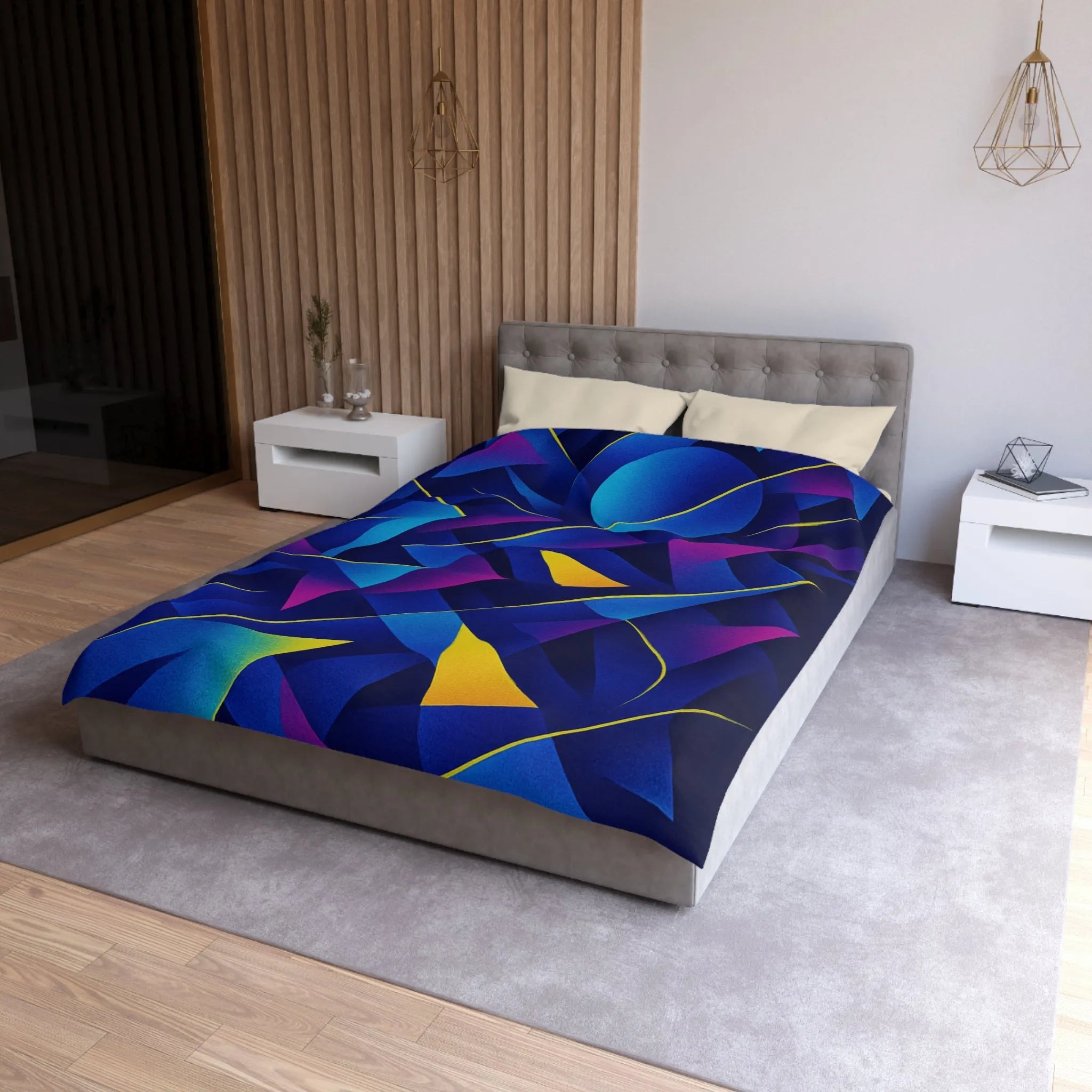 Housse De Couette Bleu Sombre Géométrique Avec Touches Jaunes Et Violettes Vibrantes