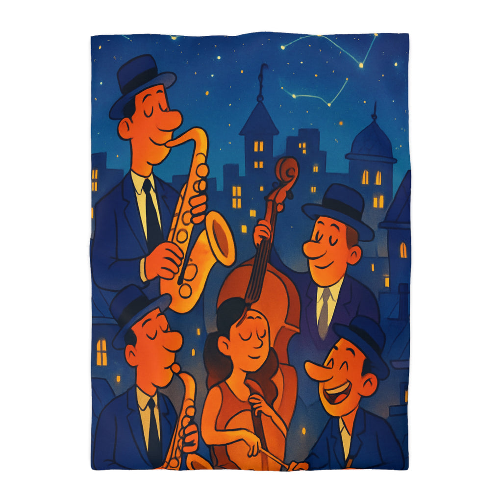 Housse de Couette pour Passionnés de Jazz avec Musiciens et Ciel Étoilé Vibrant