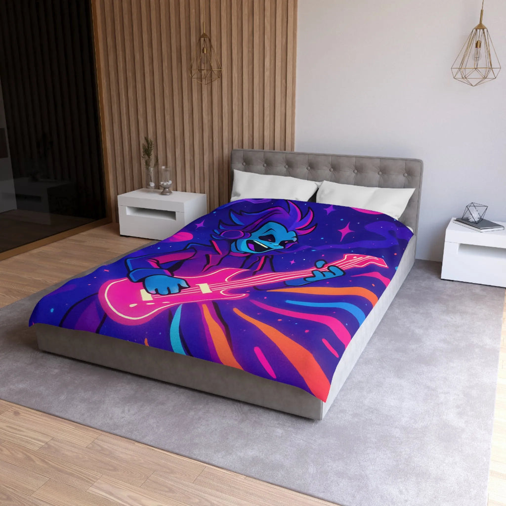 Housse de Couette Galactique avec Musicien Alien et Planètes Multicolores en Néon Vibrant