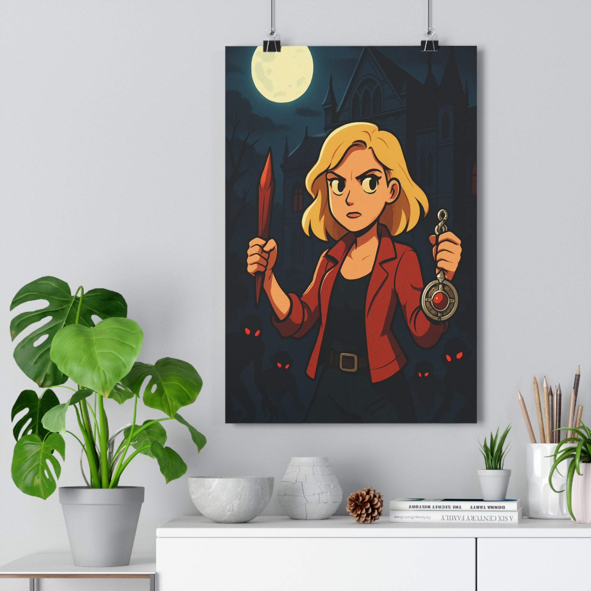 Poster décoratif gothique sombre mystérieux manoir lune femme rouge chambre intrigue silhouette qualité pieu