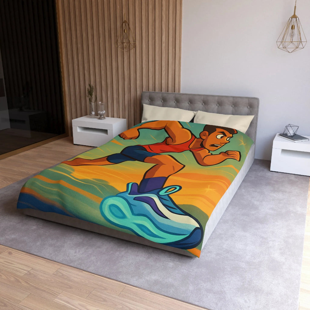 Housse de couette dynamique coureur stylisé accélérant sur fond d’énergie vibrante