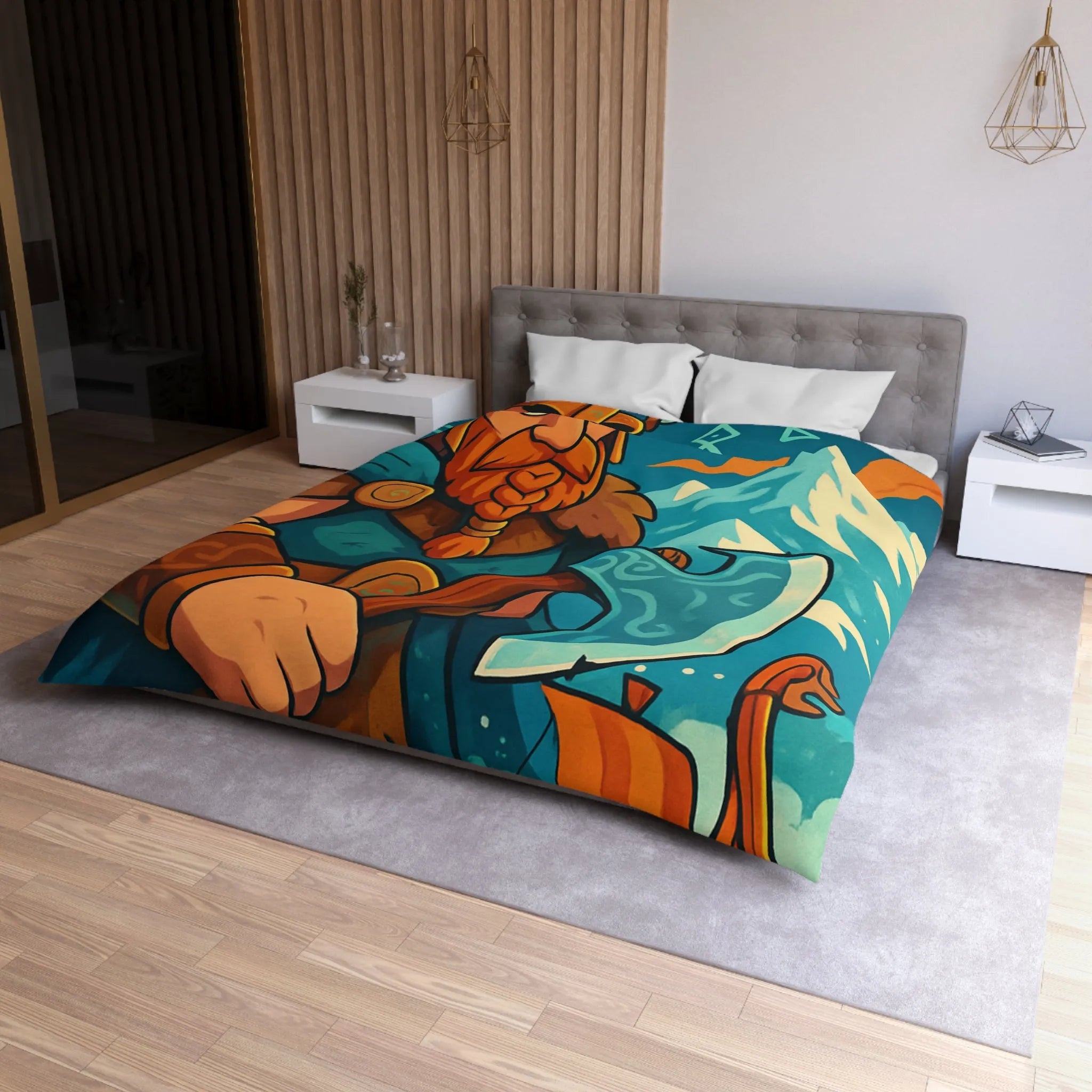 Housse de couette avec Viking, hache nordique, montagnes enneigées et runes anciennes