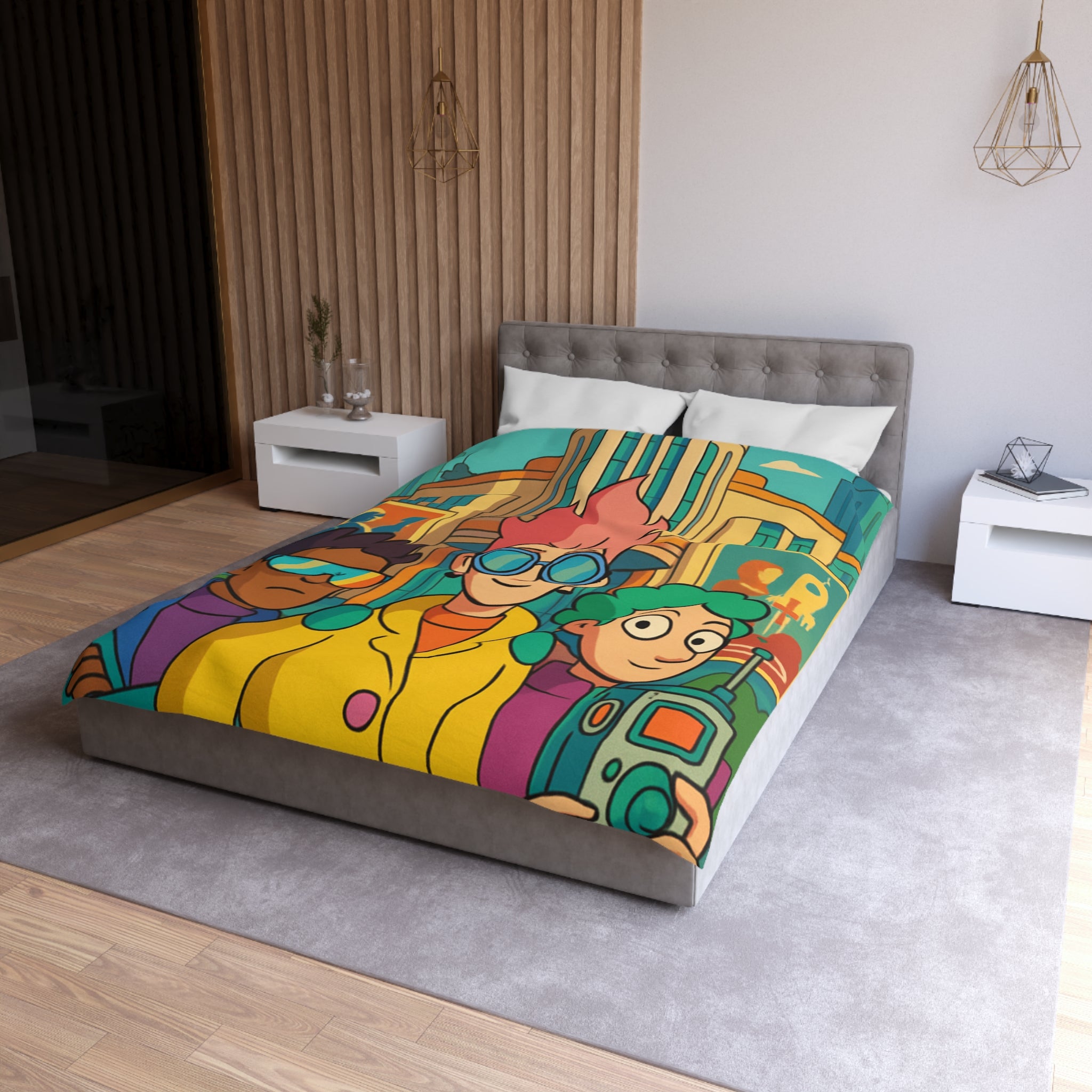 Housse de couette rétro futuriste colorée avec personnages et architecture urbaine stylisée