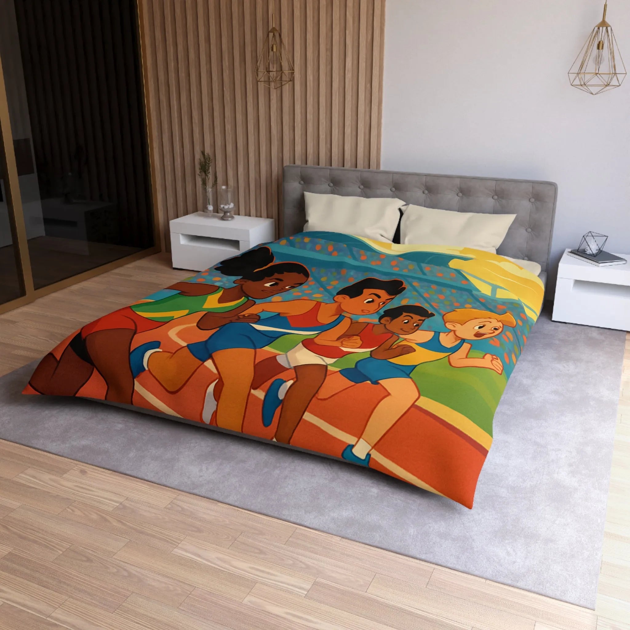 Housse de couette illustrée course d’athlétisme enfants vibrant soleil dynamique