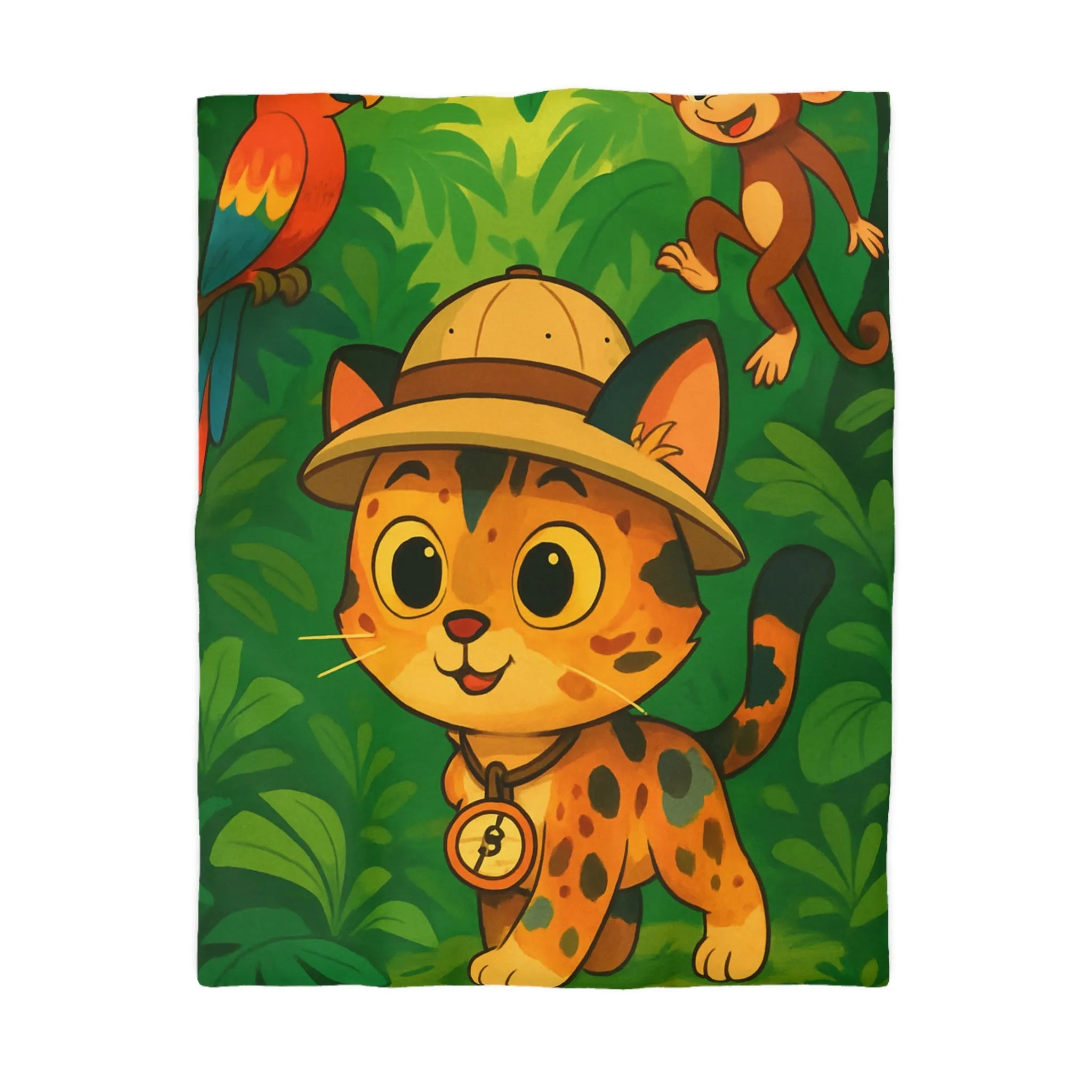 Housse de couette avec chat explorateur, jungle colorée, perroquet et singe joyeux