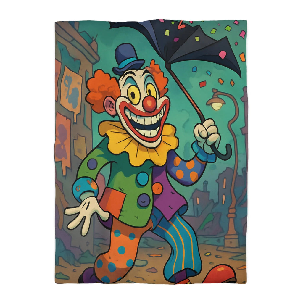 Housse de couette colorée avec clown joyeux et parapluie en pleine ville animée
