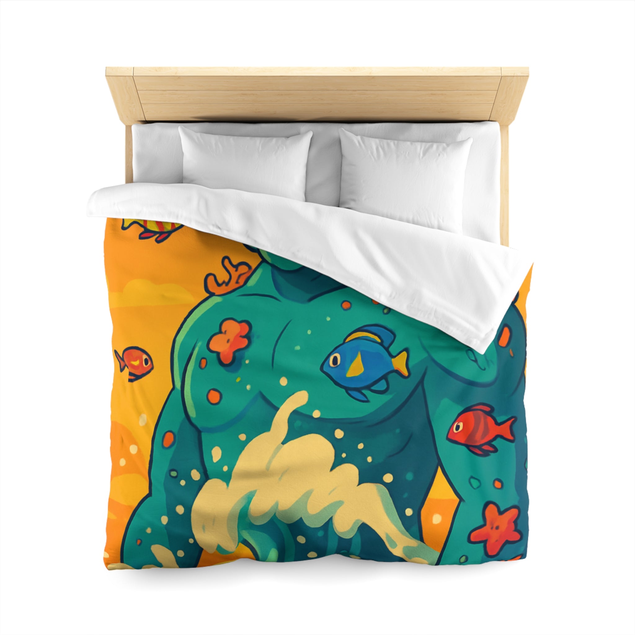 Housse de Couette Océanique avec Illustration Vibrante de Neptune et Poissons Multicolores