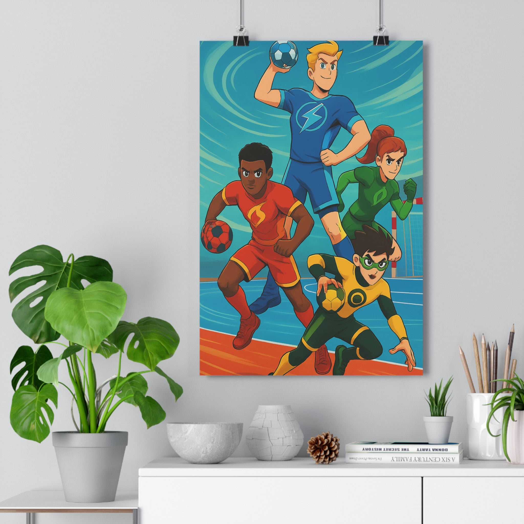 Poster décoratif cartoon handball jeunes joueurs sport dynamique coloré bleu rouge vert chambre enfants
