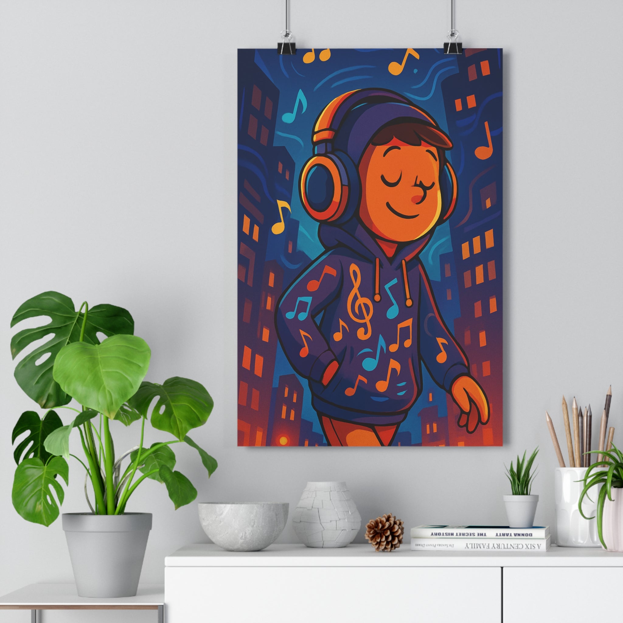Poster décoratif personnage écoute musique cartoon bleu orange ambiance joyeuse chambre salon vibrant moderne