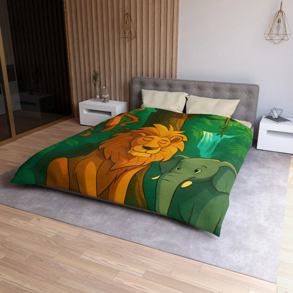 Housse de Couette Jungle Enchantée avec Lion, Singe, Éléphant et Chute d’Eau Magique