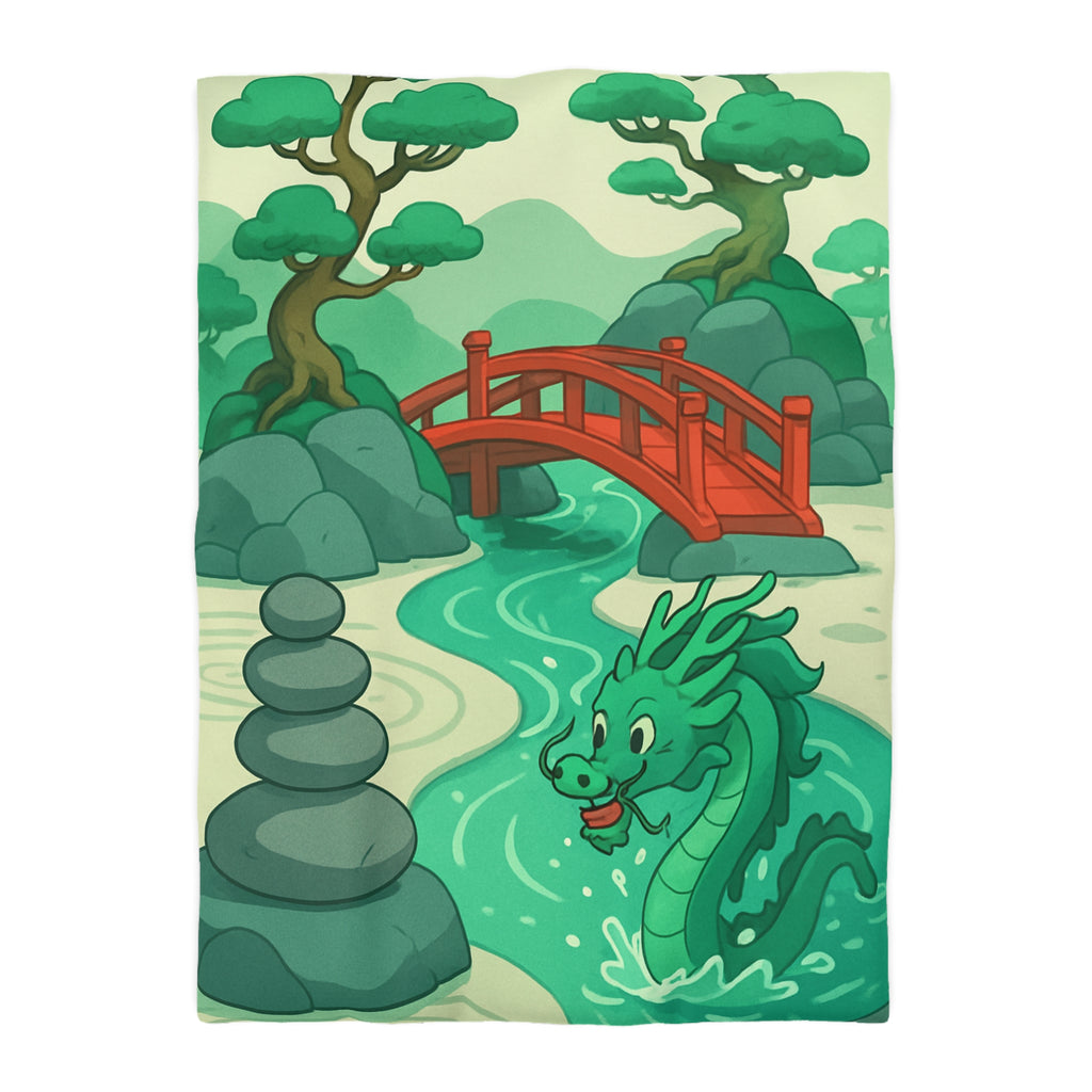 Magnifique housse de couette dragon vert dans jardin zen avec pont rouge