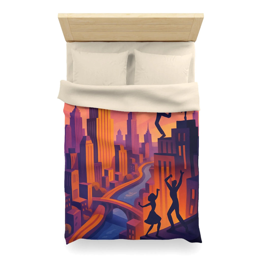 Housse de Couette avec Danseurs et Ville au Coucher de Soleil, Tonalités Vibrantes