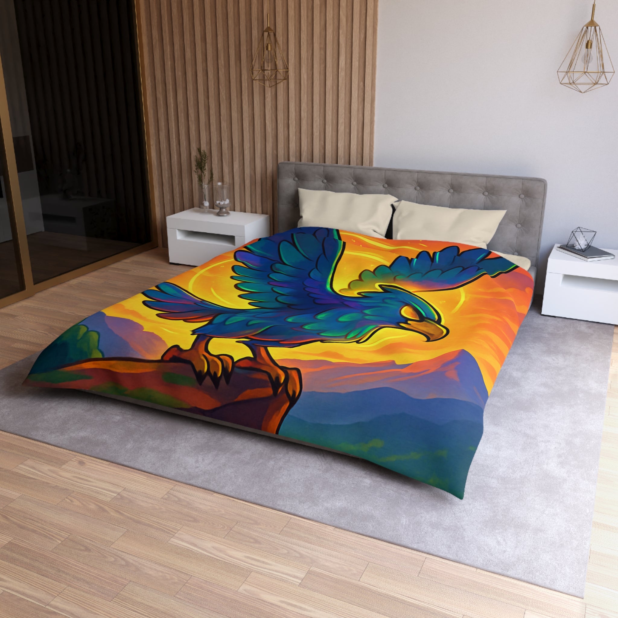 Housse de couette montagneuse avec aigle majestueux et vue spectaculaire au lever du soleil