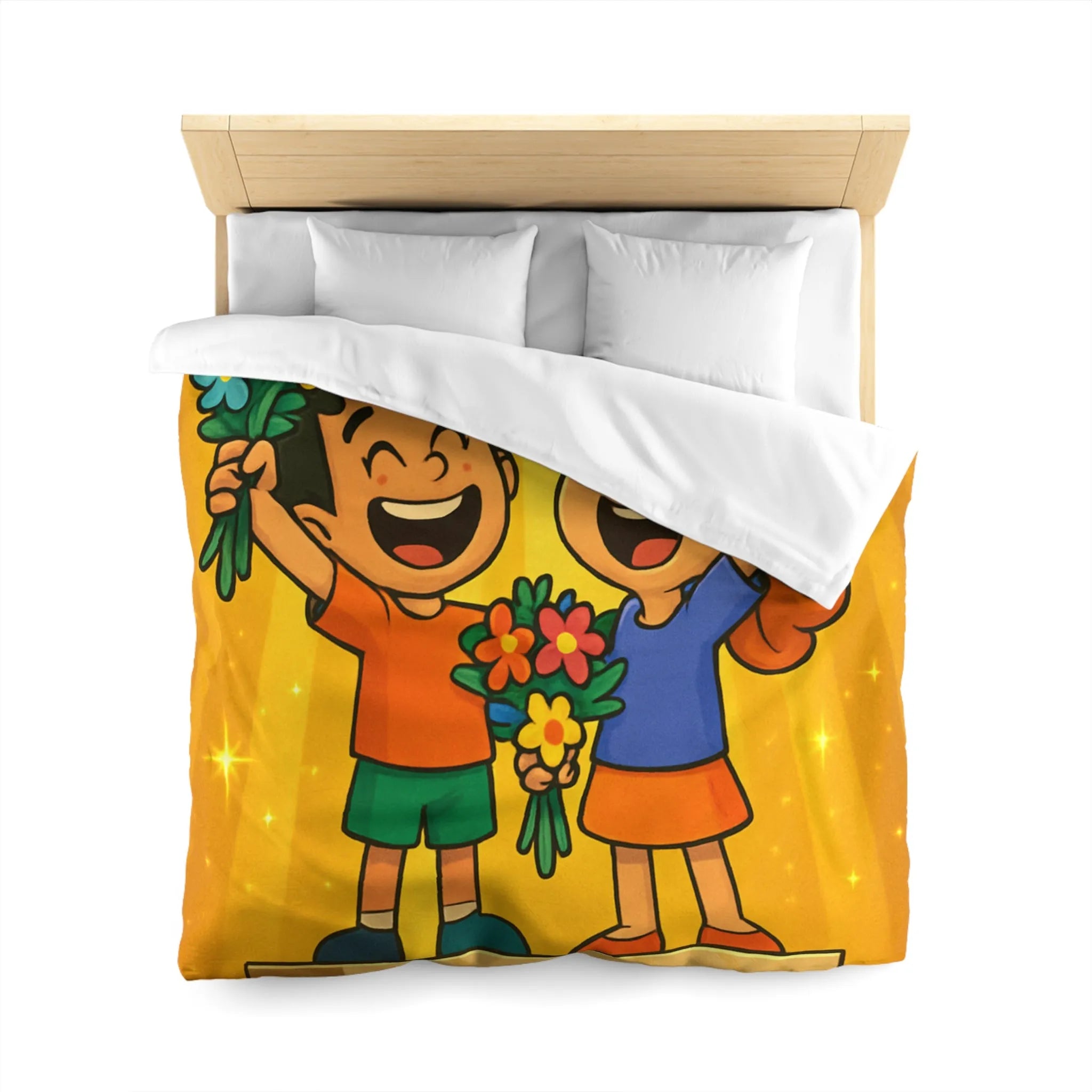 Dessin mignon d'enfants célébrant avec des bouquets de fleurs illuminés de rayons dorés