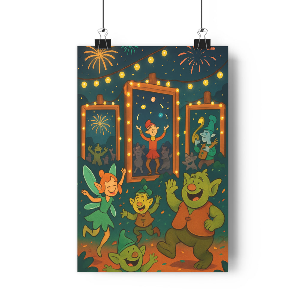 Poster décoratif coloré joyeux lutins fées enfant chambre guirlandes lumineuses 30x46 ambiance festive cadre