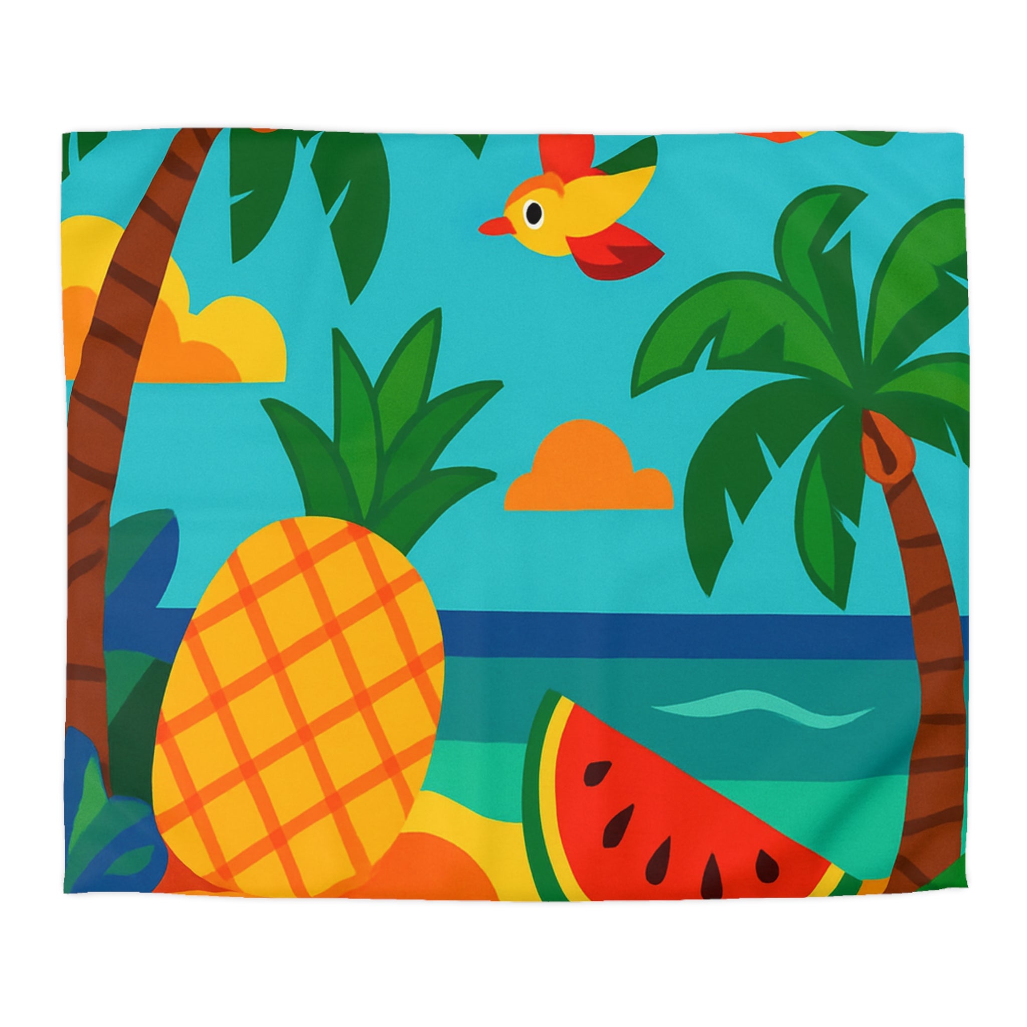 Housse de couette tropicale colorée avec fruits exotiques et oiseaux vibrants sur la plage