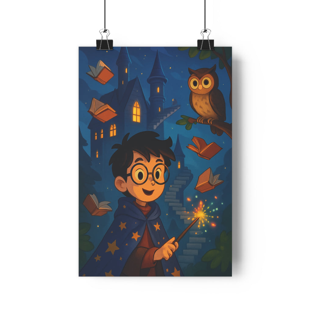 Poster décoratif mystique enfant magique jeune garçon lunettes baguette château étoiles hibou flottant chambre