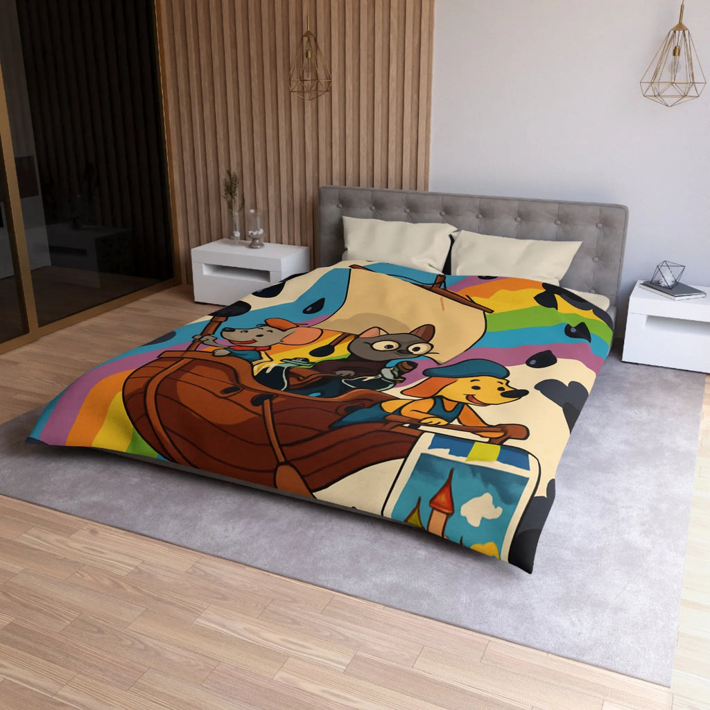 Housse de couette enfant avec animaux navigateurs sur arc-en-ciel et bateau enchanteur