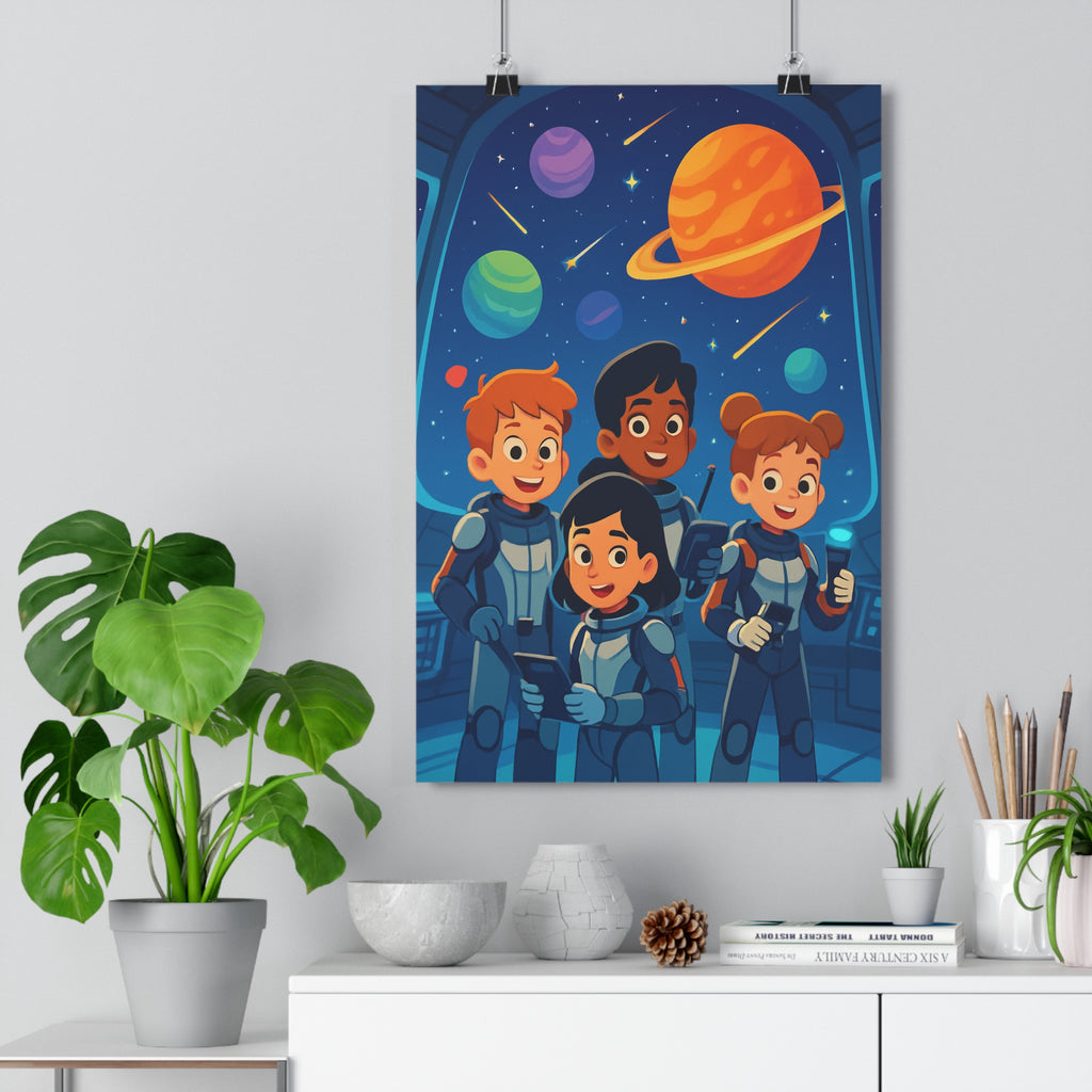 Poster décoratif explorateurs spatiaux bleu orange vert enfant aventure futuriste chambre 30x46 coloré joyeux