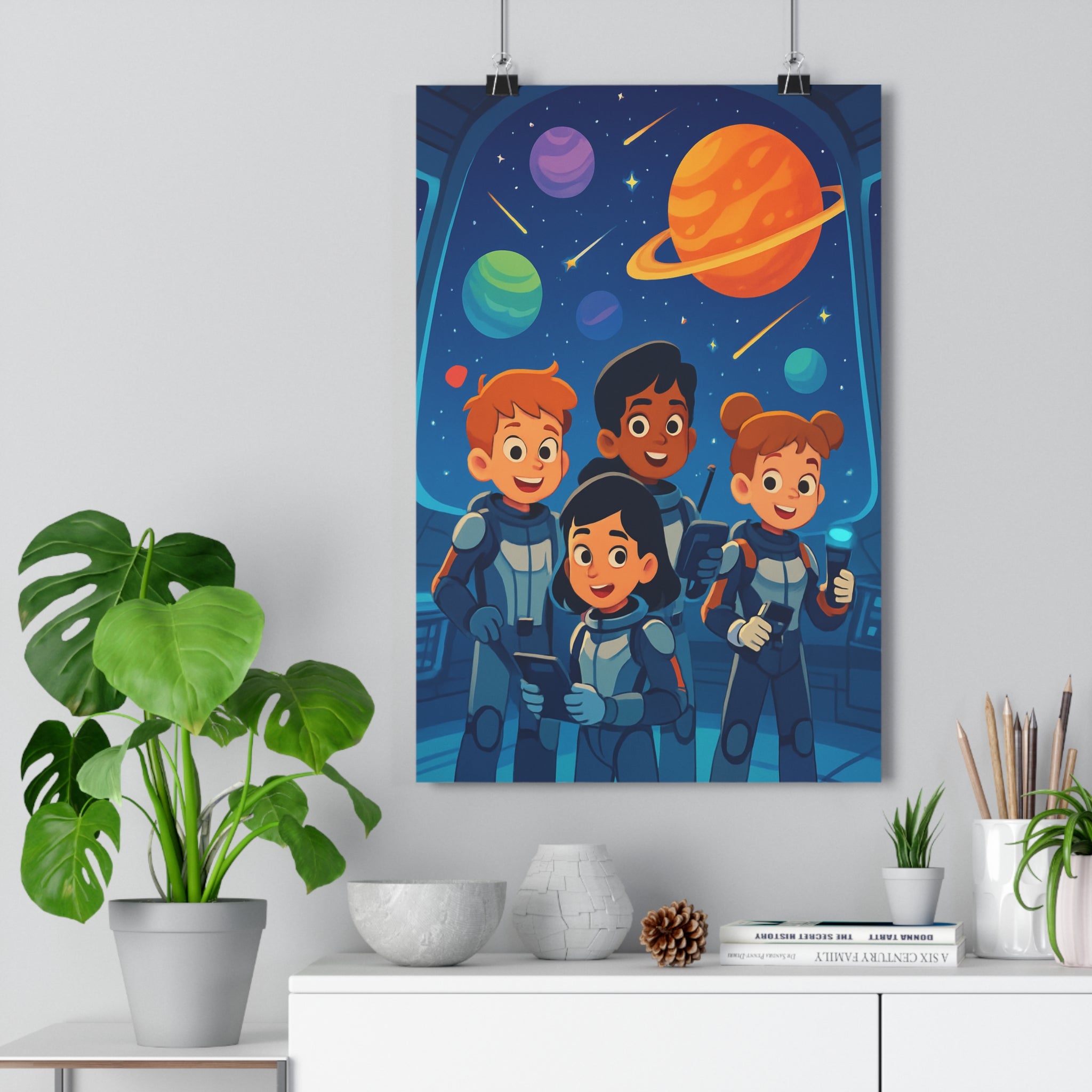 Poster décoratif explorateurs spatiaux bleu orange vert enfant aventure futuriste chambre 30x46 coloré joyeux