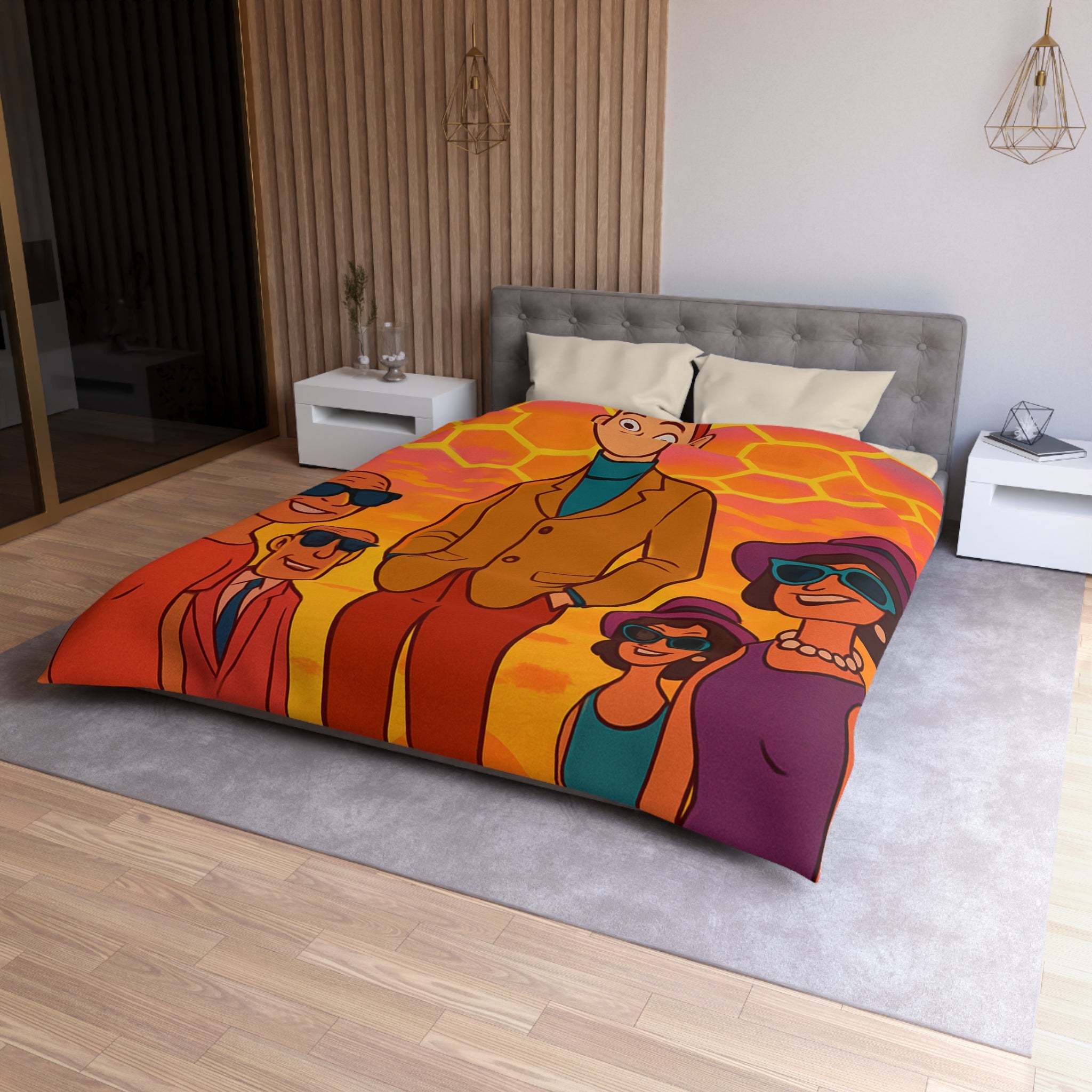 Motifs colorés hexagonaux vibrant avec personnages stylisés dans un paysage ensoleillé unique