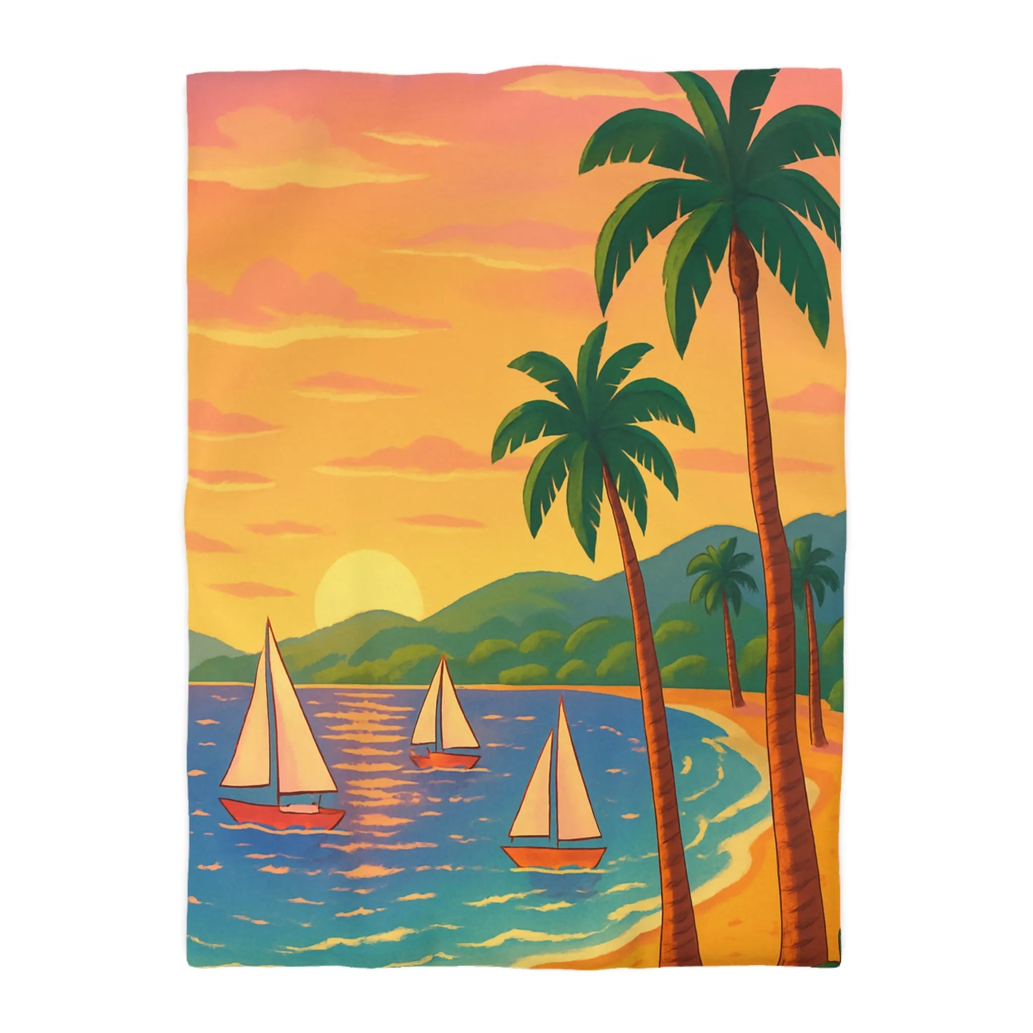 Housse de couette avec motif tropical, plage, palmiers et voiliers au coucher de soleil