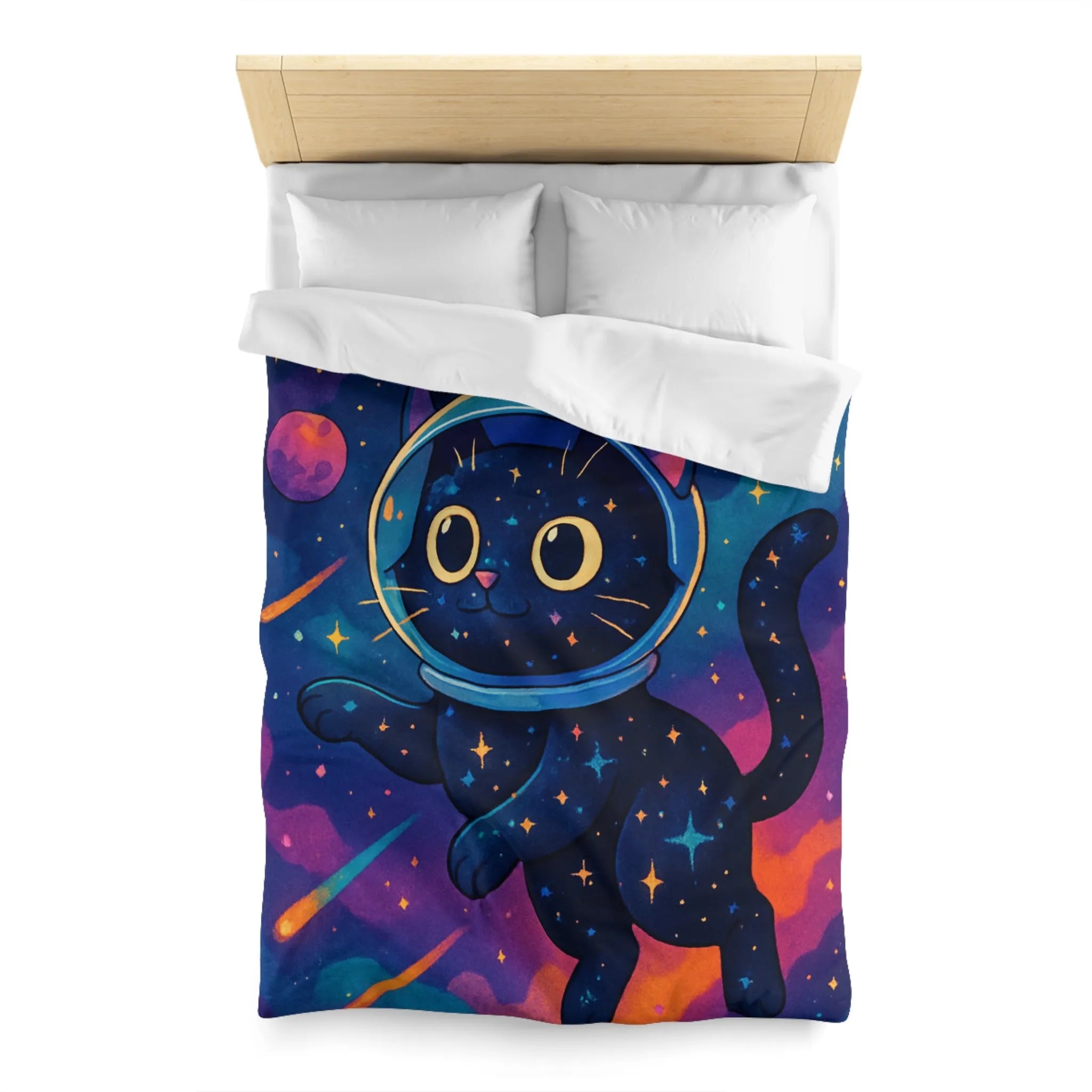 Housse de couette chat cosmique dans l’espace avec étoiles et planètes colorées
