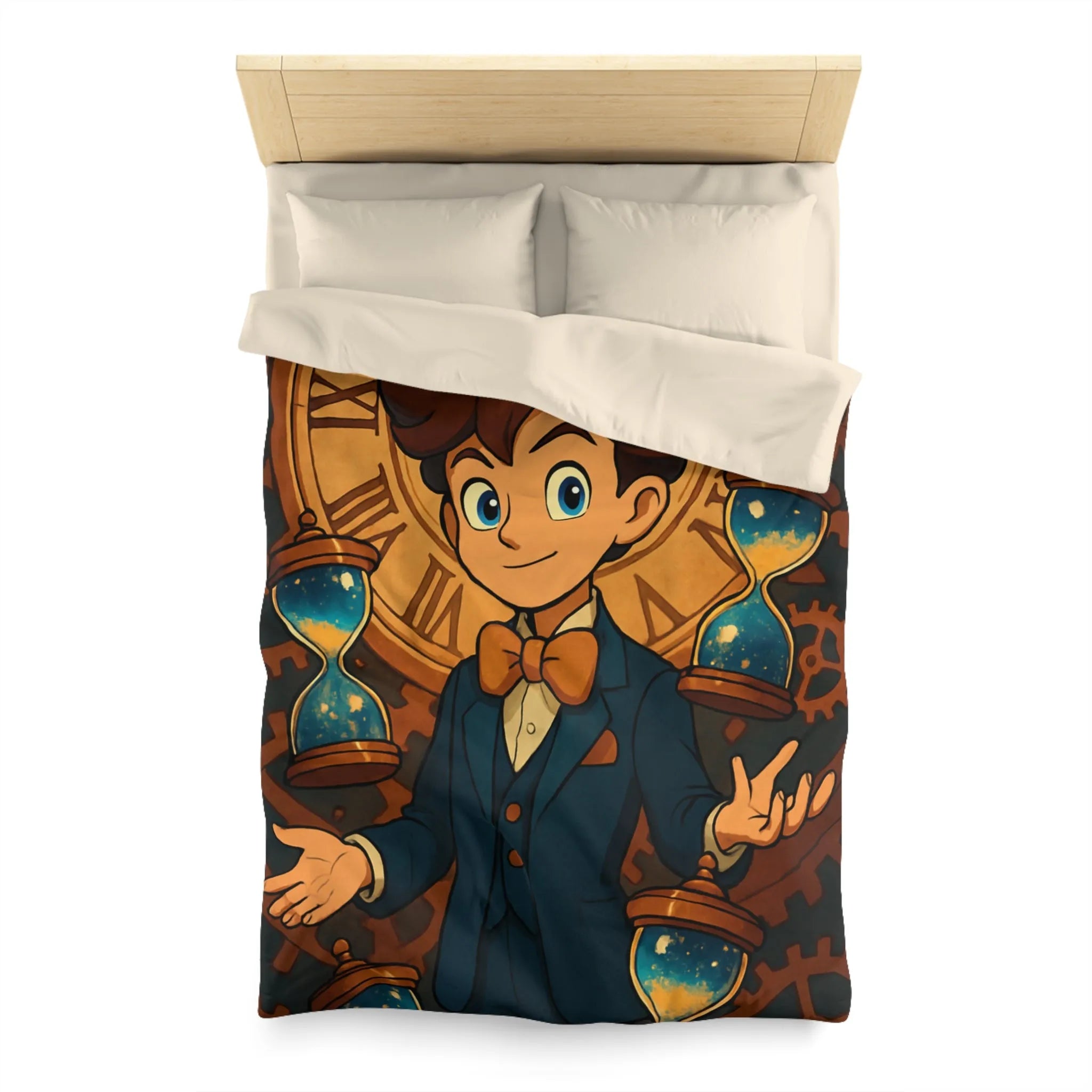 Élégante housse de couette thème horloger avec personnage stylisé et sabliers dorés