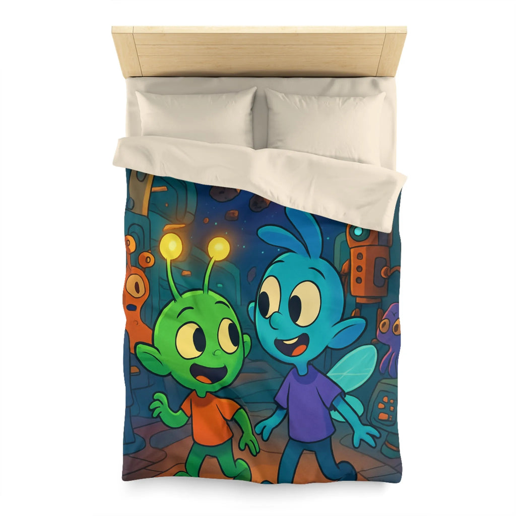 Housse de couette enfant extraterrestre bleu et vert dans vaisseau spatial coloré amusant