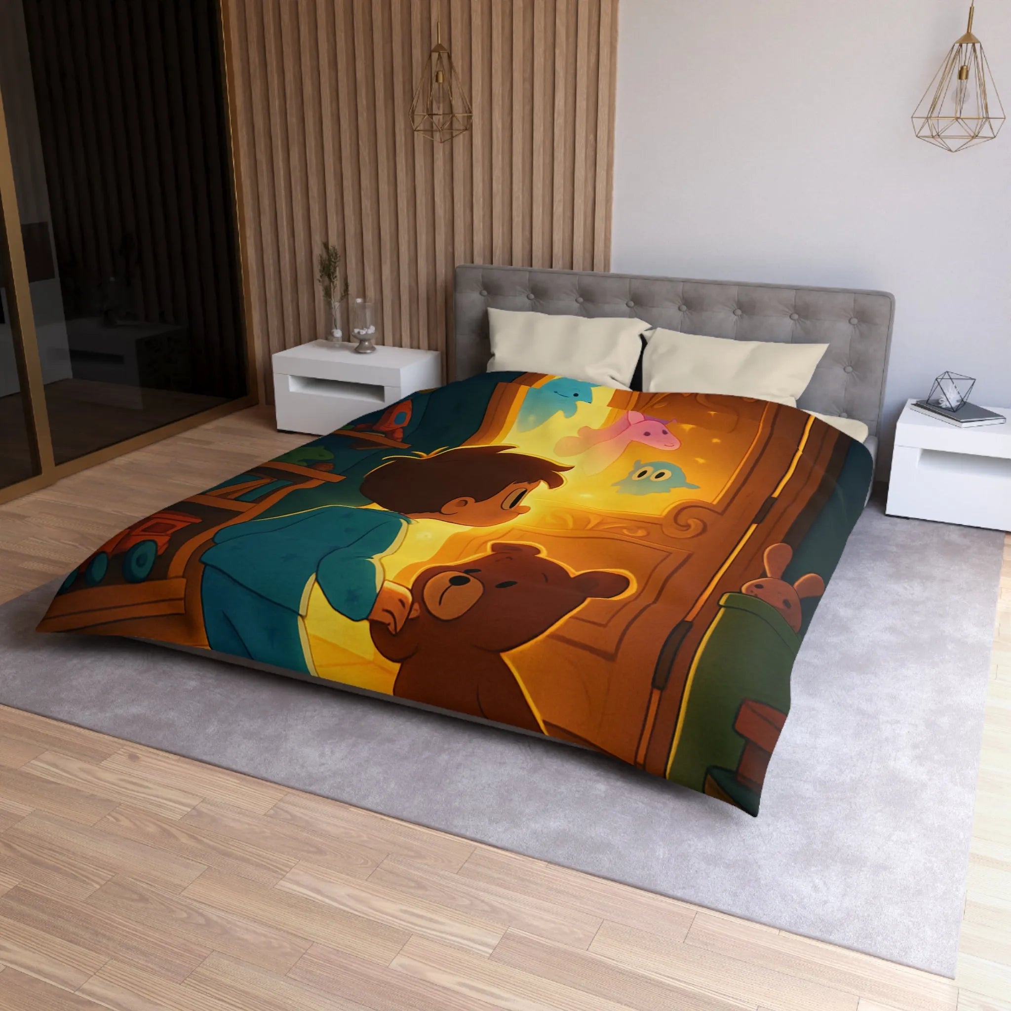 Housse de couette enfant avec motifs lumineux d'animaux magiques en chambre colorée