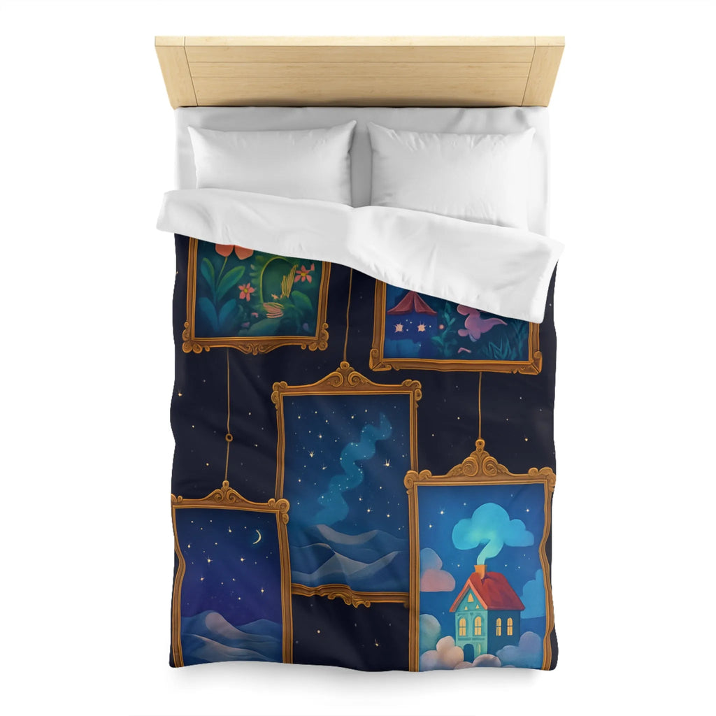 Housse de Couette Artistique avec Paysages de Nuit Étoilée et Fleuri Onirique