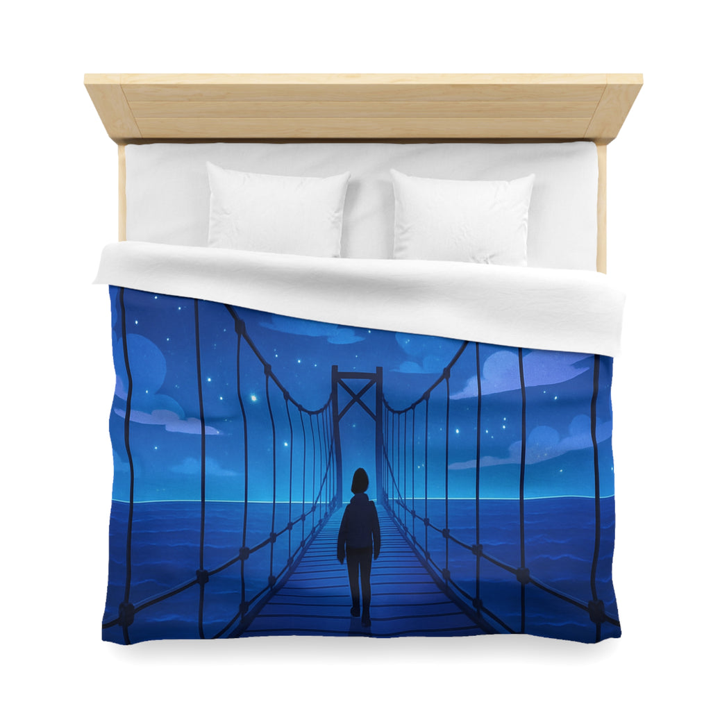 Housse de couette pont étoilé avec silhouette sous ciel nocturne bleu profond